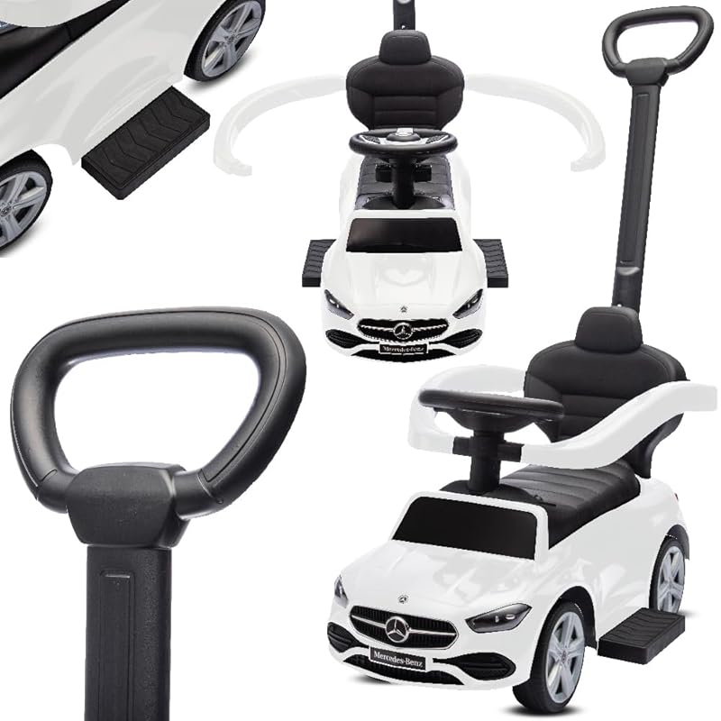 sun baby - Mercedes Benz C-Klasse Rutschauto, hohe Rückenlehne, Audio-Lenkrad, ausziehbare Fußstützen, Staufach, Weiß