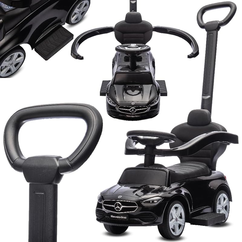 sun baby - Mercedes Benz C-Klasse Rutschauto, Rückenlehne, Audio-Lenkrad, ausziehbare Fußstützen, Staufach, Schwarz
