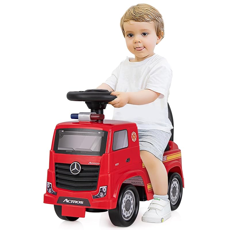 GOPLUS - Mercedes Benz Feuerwehr Rutschauto, Musik, Hupe & Straum, Rot/Schwarz